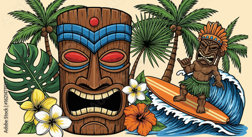 Tiki mask illustration with palm trees, tropical flowers, a surfer riding a wave, and a vibrant, summery vibe.