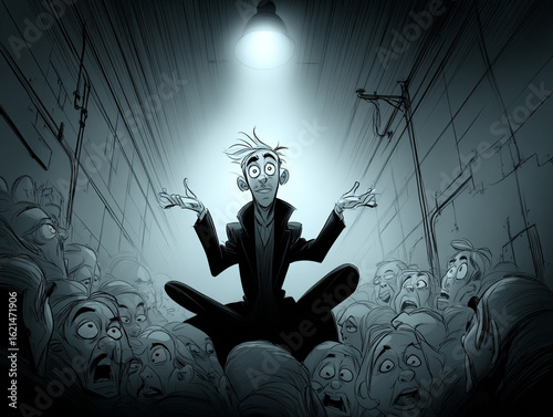 A levitating magician in a dark alley, light from his hand illuminating shocked faces