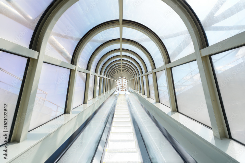 Fototapeta premium Modern architectural tunnel with an upward moving escalator and blue tinted glass panels isolated on transparent background