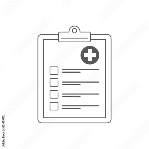 A line art icon of a medical clipboard with a patient checklist and a health plus symbol.