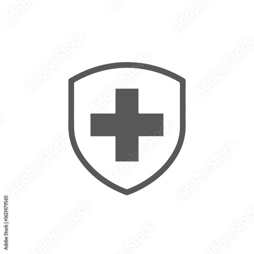 A gray shield with a prominent plus symbol inside, symbolizing protection and healthcare.