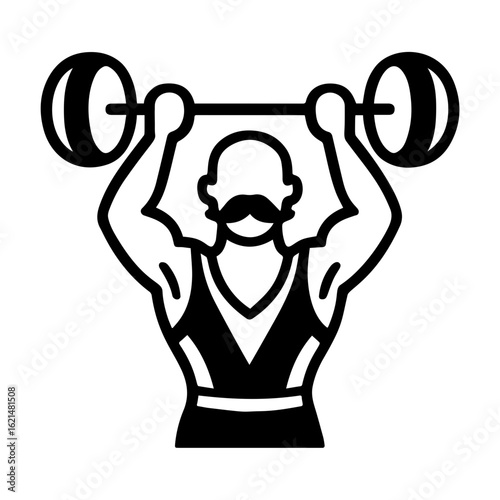 Strongman circus icon graphic with weightlifter raising barbell overhead in black and white. Strongman circus icon represents strength, power, and classic circus imagery.