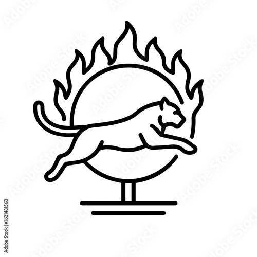Tiger jumping fire hoop, a striking circus icon in minimalist line art, shows grace and daring. This tiger performing leaps through a flaming ring, a potent symbol of courage and skill.