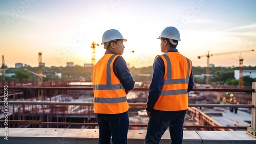 Construction Engineers Overseeing Building Development at Sunset Wearing Safety Vests and Hardhats in an Urban Cityscape