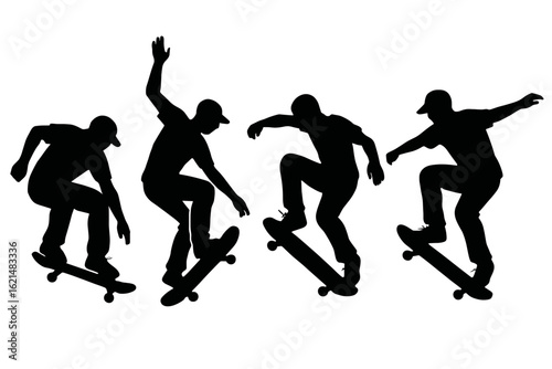 Silhouette skateboarders performing tricks extreme sports skateboarding action lifestyle sport skaters park fun on transparent background