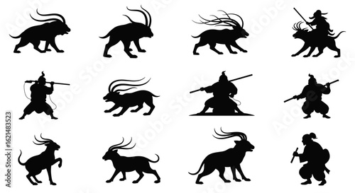 Explore mythical creatures and warrior silhouettes in this captivating vector graphic artwork design style on transparent background
