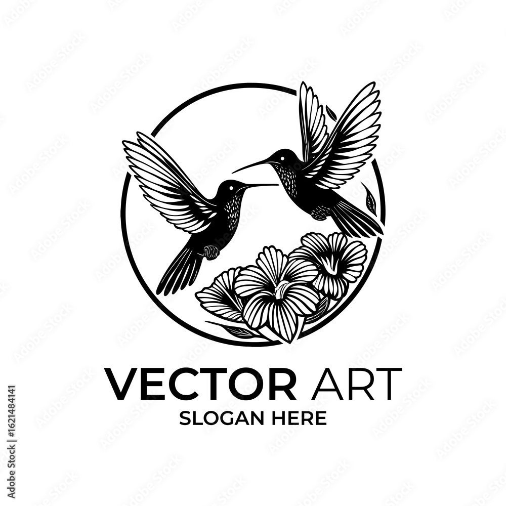 Fototapeta premium Black and White Hummingbird Logo with Hibiscus Flowers
