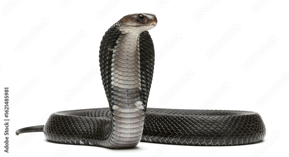 Fototapeta premium Black Cobra Snake Raising Hood on White Backdrop Isolated