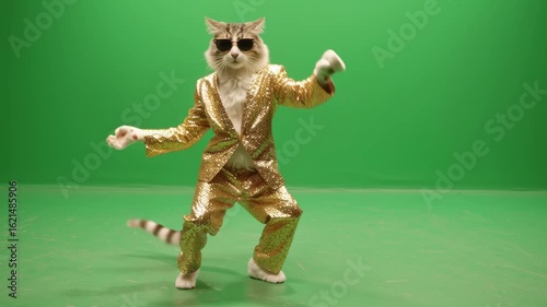 Funky cat dressed in sparkling gold suit dancing against a green screen background