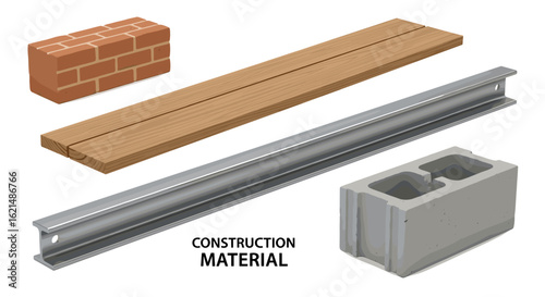 Construction building materials brick wood steel block for architecture and civil engineering projects on transparent background