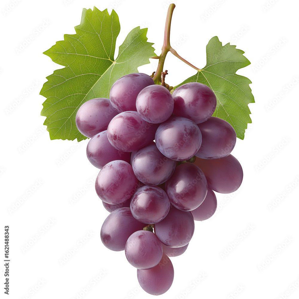 Fototapeta premium Close-up of fresh purple grapes with green leaves on vine isolated on transparent background