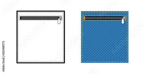 Patch Pocket with Zipper Jeans technical fashion illustration. Flat apparel line template and color. Women, men unisex style item CAD mockup isolated on white background 