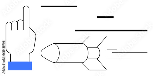 Finger gesture activating a rocket launch amidst dynamic lines indicating movement and acceleration. Ideal for innovation, startup, technology, leadership, progress, speed, simple landing page