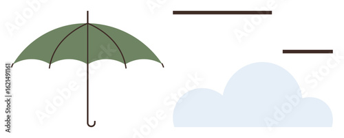 Open green umbrella alongside a light blue cloud and minimalist brown lines. Ideal for weather forecast, protection, safety, insurance, simplicity, climate change, and rainy day concepts. Clean flat
