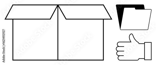 Open box alongside a simple file folder and a thumbs-up gesture outline. Ideal for storage, organization, approval, success, minimalism, shipping, or a simple landing page