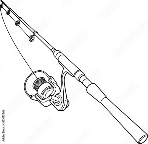 Fishing Rod Line Drawing, Spinning Reel Illustration, Multiple Guides Sketch, Angling Equipment Artwork, Outdoor Hobby Gear, Recreational Fishing Tool Design