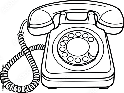 Rotary Dial Telephone Line Drawing, Vintage Phone Illustration, Coiled Cord Handset Sketch, Classic Communication Device, Retro Technology Artwork