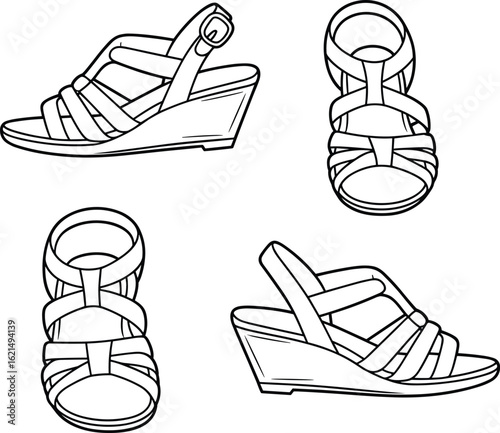 Wedge Sandal Multi-View Illustration, Crisscross Strap Design, Buckle Ankle Closure, Fashion Footwear Drawing, Stylish Shoe Vector, Comfortable Summer Sandals Art