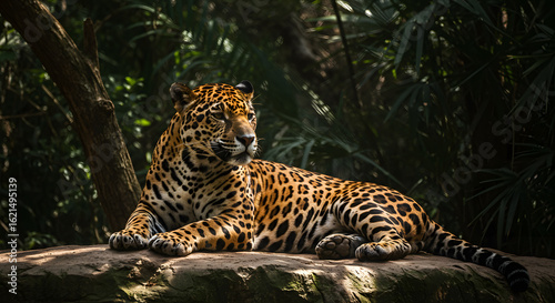 A majestic jaguar rests on a rock, its spotted coat blending with the shadows of the lush jungle foliage.