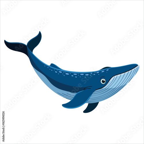 Blue cartoon whale vector icon on white. Cute flat design illustration of underwater animal, ideal for ocean life, sea creatures and marine visuals