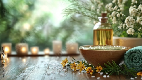 an inviting wellness scene showcasing serene spa elements on a wooden table featuring aromatic oil a bowl with liquid candles a towel and floral
