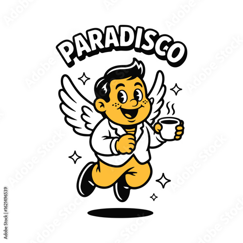 Cartoon angel character holding coffee cup, flying, retro style logo.