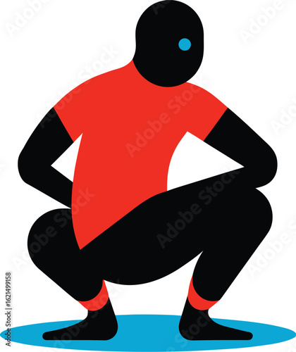 Stylized figure in red shirt squatting on blue surface