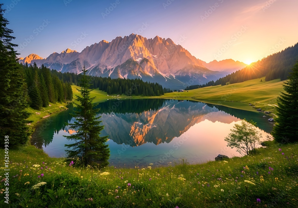 Fototapeta premium Majestic mountain range reflected in the calm waters of a pristine lake at sunset, a serene landscape