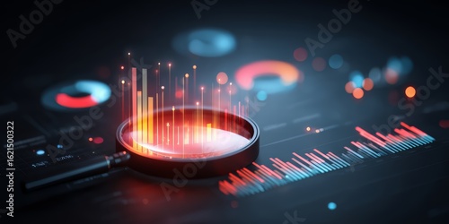 Magnifying glass is on a black background with a red and blue line
