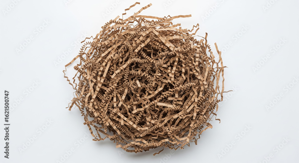Obraz premium Natural brown zigzag paper shreds for sustainable gift wrapping and parcel protection, scattered in a nest-like form over clean white surface