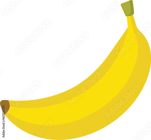 A simple yellow banana with a green stem on a white background