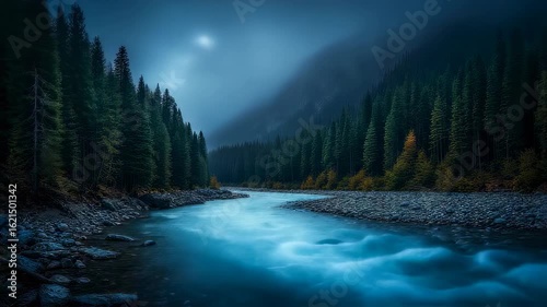 Moonlit River under Blue Night Sky in Pine Mountains