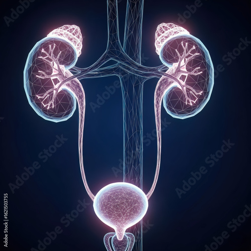 Futuristic human urinary system concept with glowing low polygonal kidneys and bladder on dark blue.
