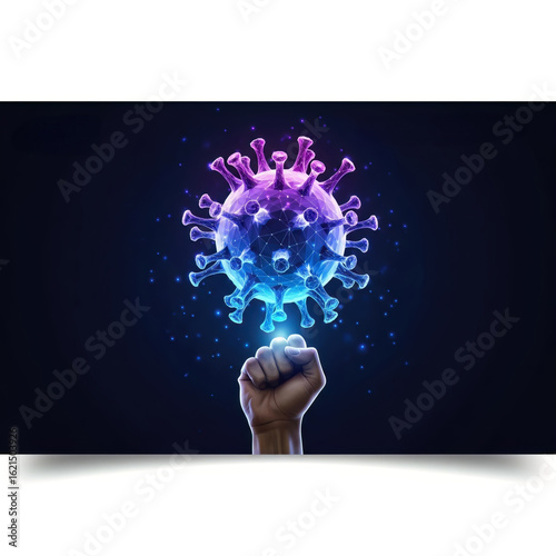 Futuristic stop virus web banner with glowing low polygonal virus cells and raised up human hand
