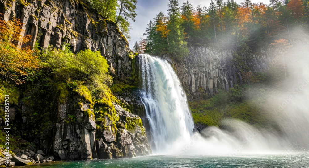 Fototapeta premium majestic waterfall cascading down mossy cliffs in autumn sunlight