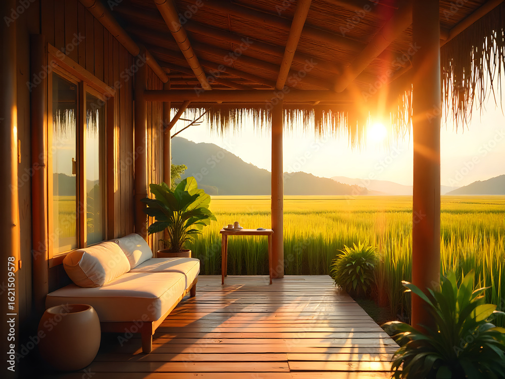 Fototapeta premium Tropical Wooden Terrace at Sunset