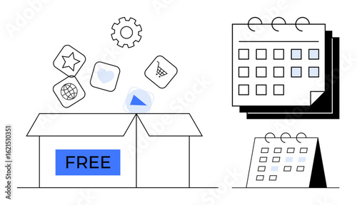 Box labeled FREE with apps thumbs up star, heart, and cart icons floating out. Calendars show planning, scheduling, and management. Ideal for apps, promotions, planning digital offers productivity