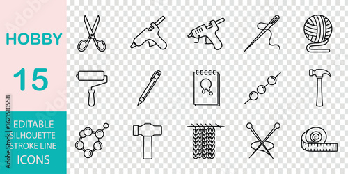 Line art icons for crafts and DIY hobbies including scissors, glue guns, and yarn hobby