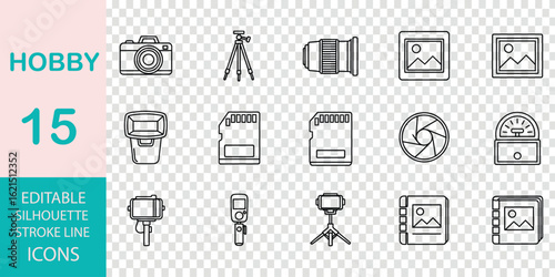 Photography hobby icons set with camera tripod lens and accessories vector illustration