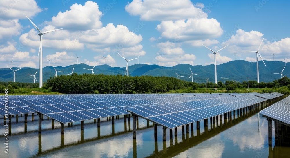 Naklejka premium Renewable energy farm with solar panels and wind turbines under a blue sky
