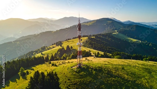 Mountaintop telecommunication tower at sunrise
