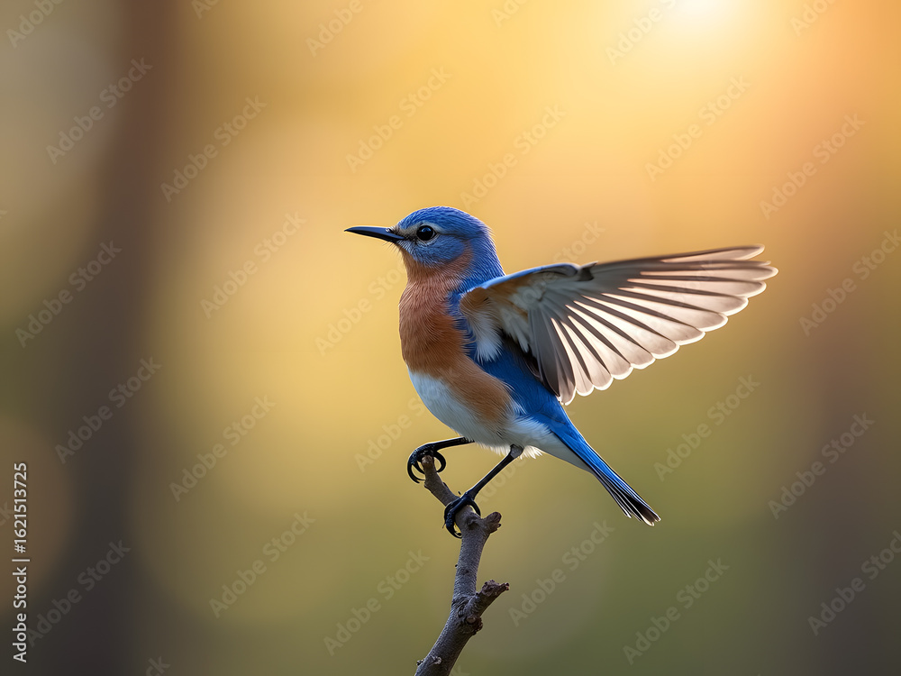 Naklejka premium A bluebird perched on a branch, wings spread, bathed in warm, golden light.