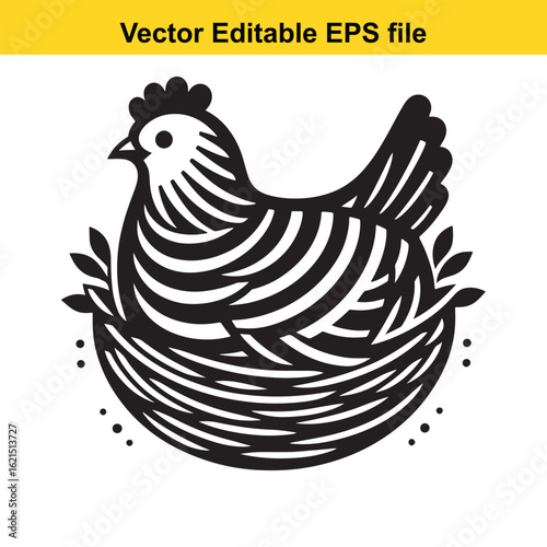 Vector art of stylized chicken in a nest with eggs, isolated on white background