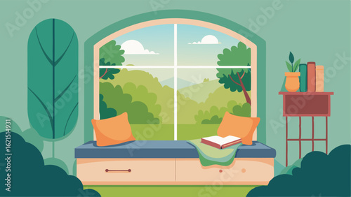 A reading nook with a builtin window seat adorned with cushions and throws and a view of a serene garden outside.