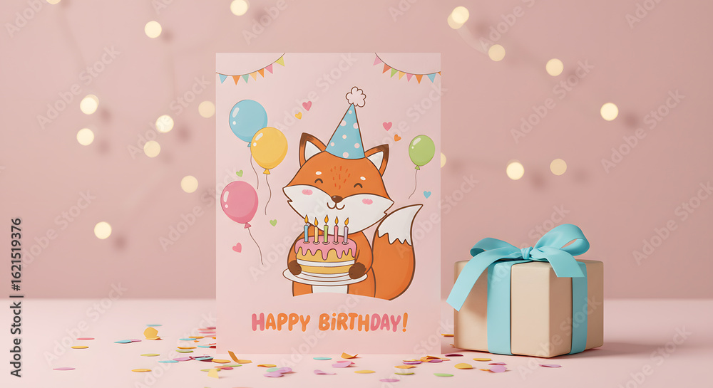 Fototapeta premium A cute birthday card featuring a fox with a cake, balloons, and a gift box. Celebratory and cheerful.