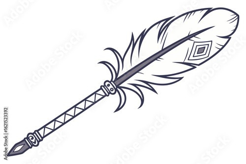 Feather wand with decorative handle illustrated in line art style  