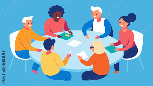 Diverse Team Collaboration A group of individuals of different ages ethnicities and abilities working together at a round table sharing ideas and notes with smiles on their faces.