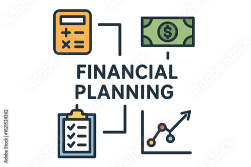 Financial planning concept with calculator, dollar, checklist, and graph financial planning diagram