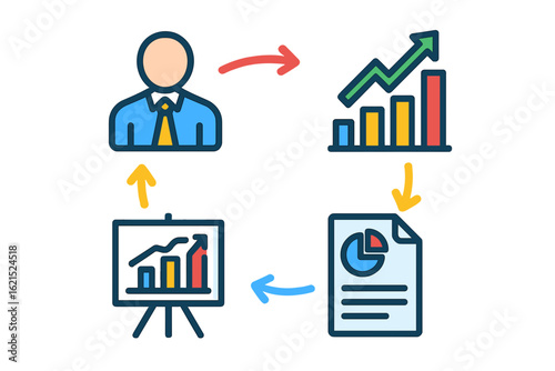 Business analytics process flow with charts and reports illustration business reporting flow