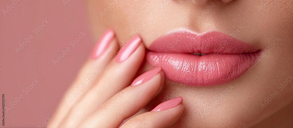 Naklejka premium Close-up, Woman's lips, Pink nail polish, Studio shot. Possible use Cosmetics